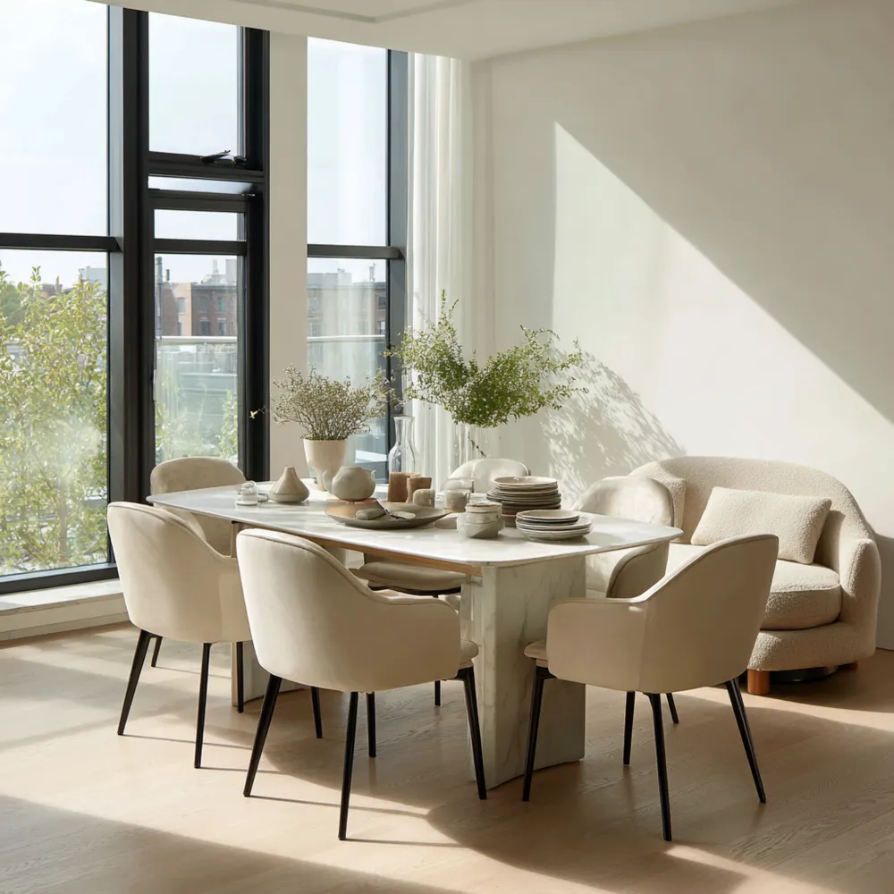 Esszimmer-Set Marmor-Esstisch 180x90x75 cm mit 6 Samtstühlen 48x60x85 cm Cremefarben – Modernes Design