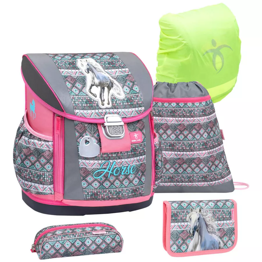 Belmil Schulranzen Customize-me Schulranzen Set 5-teilig mit Brustgurt, Hüftgurt Horse Aruba Blue