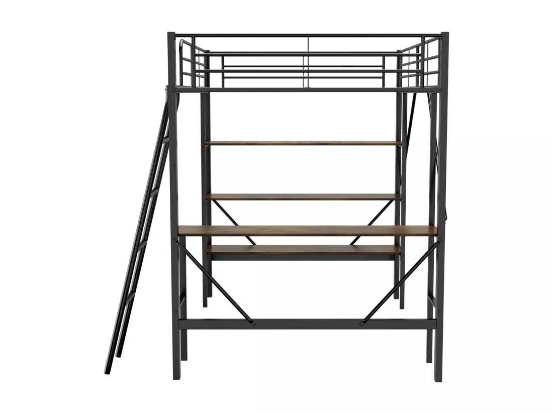 Lit mezzanine 90x200cm, cadre en métal, lit surélevé avec échelle, bureau et 3 grandes étagères pour enfants, adolescents, noir