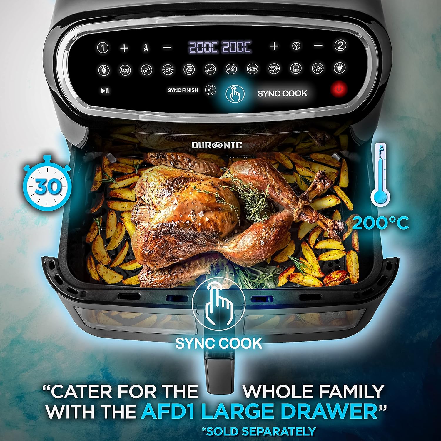 Duronic AF24 BK Doppelkammer Heißluftfritteuse, XXL Airfryer mit 2 x 5l Körbe, 10l Dual Zone Fritteuse mit 2400 Watt, Air Fryer mit 10 Programme