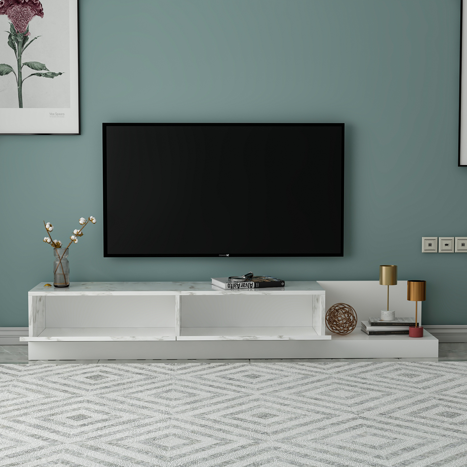 TV-Lowboard - weiß - Marmoroptik - 180 cm
