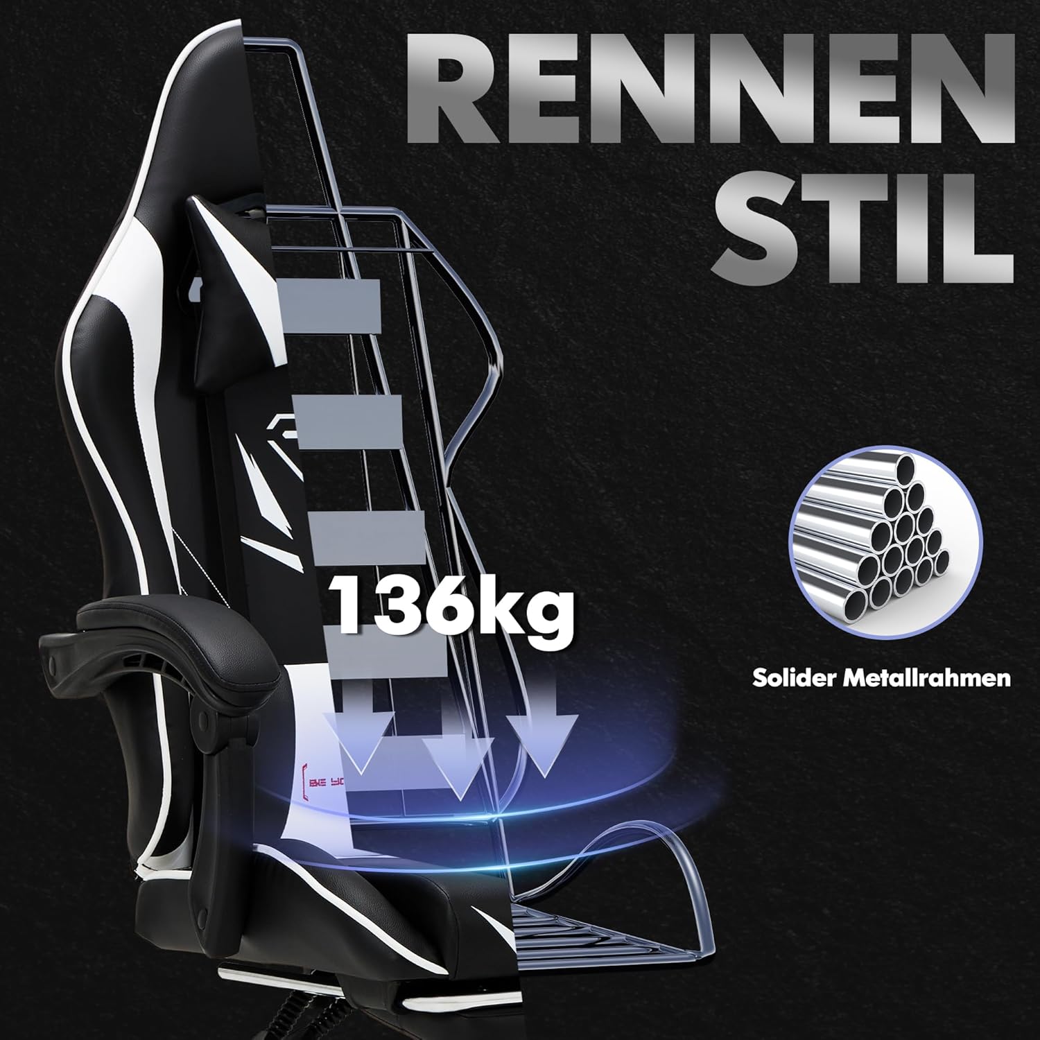 COLAMY Gaming Stuhl, Computer Stuhl mit Fußstütze und Lendenwirbelstütze, höhenverstellbarer Gaming Chair mit 360°-Drehsitz und Kopfstütze, Video Gamer PC Stuhl, Ergonomische hohe Rückenlehne, Weiß