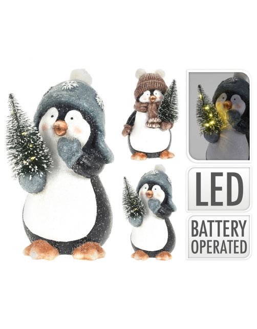 Homestyle Pinguin Met Boom En Led - Kerstversiering - 13x12x20 cm