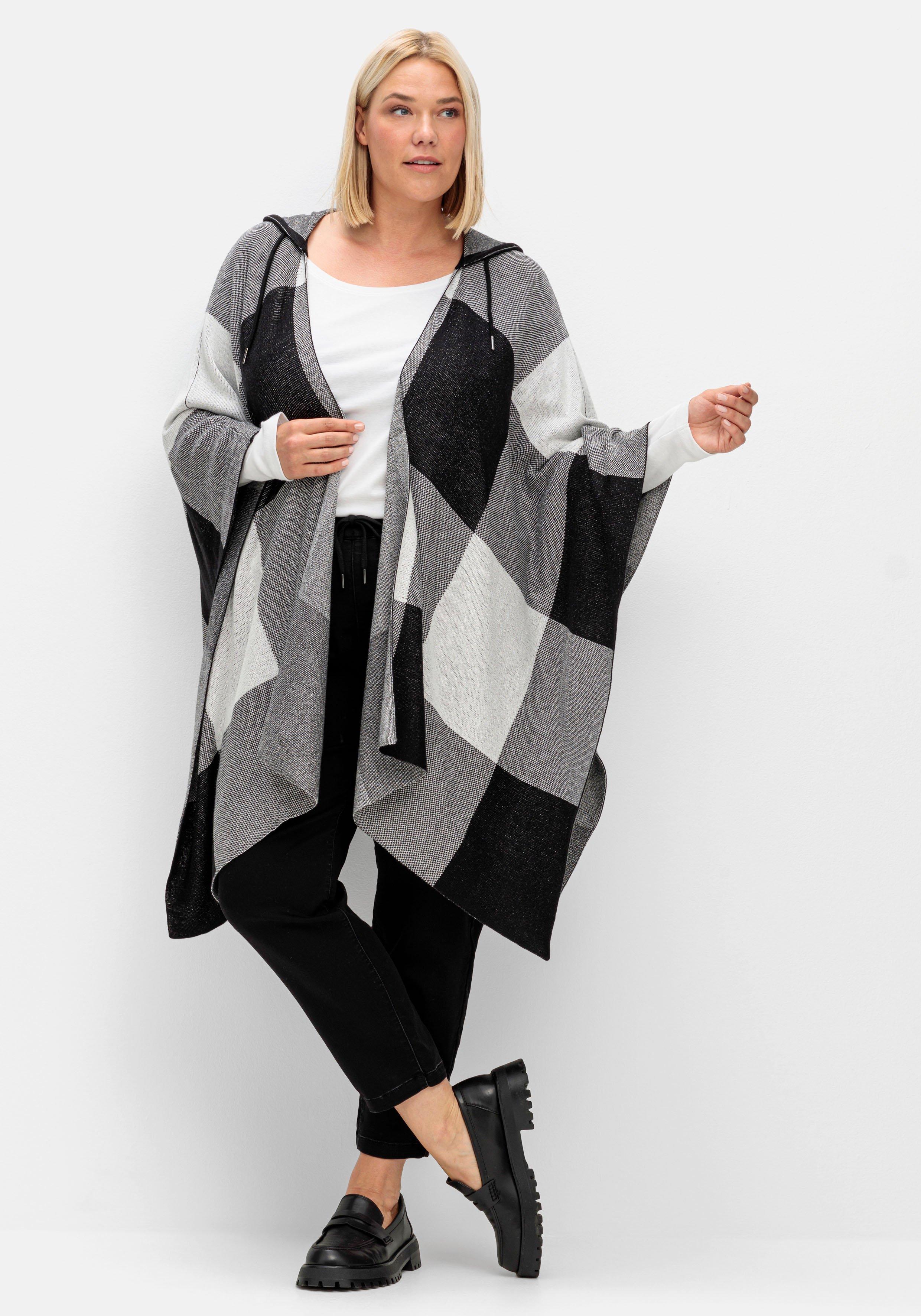 Kariertes Poncho-Cape mit Kapuze, offene Form