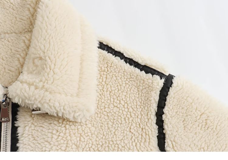 SugaYuja - Fleece jack met kraag, imitatieleren paneel en contrasterende bies