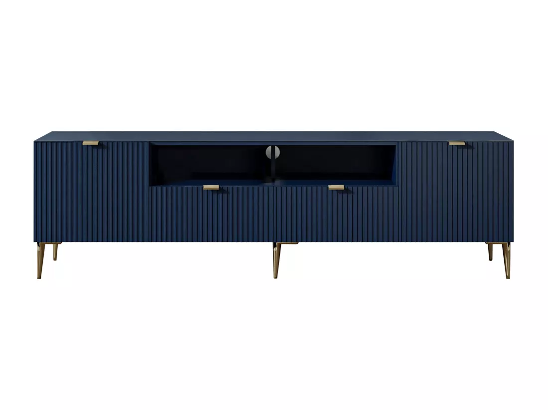 Meuble TV avec 2 portes, 2 tiroirs et 2 niches en MDF et acier - Bleu et doré - YESINIA