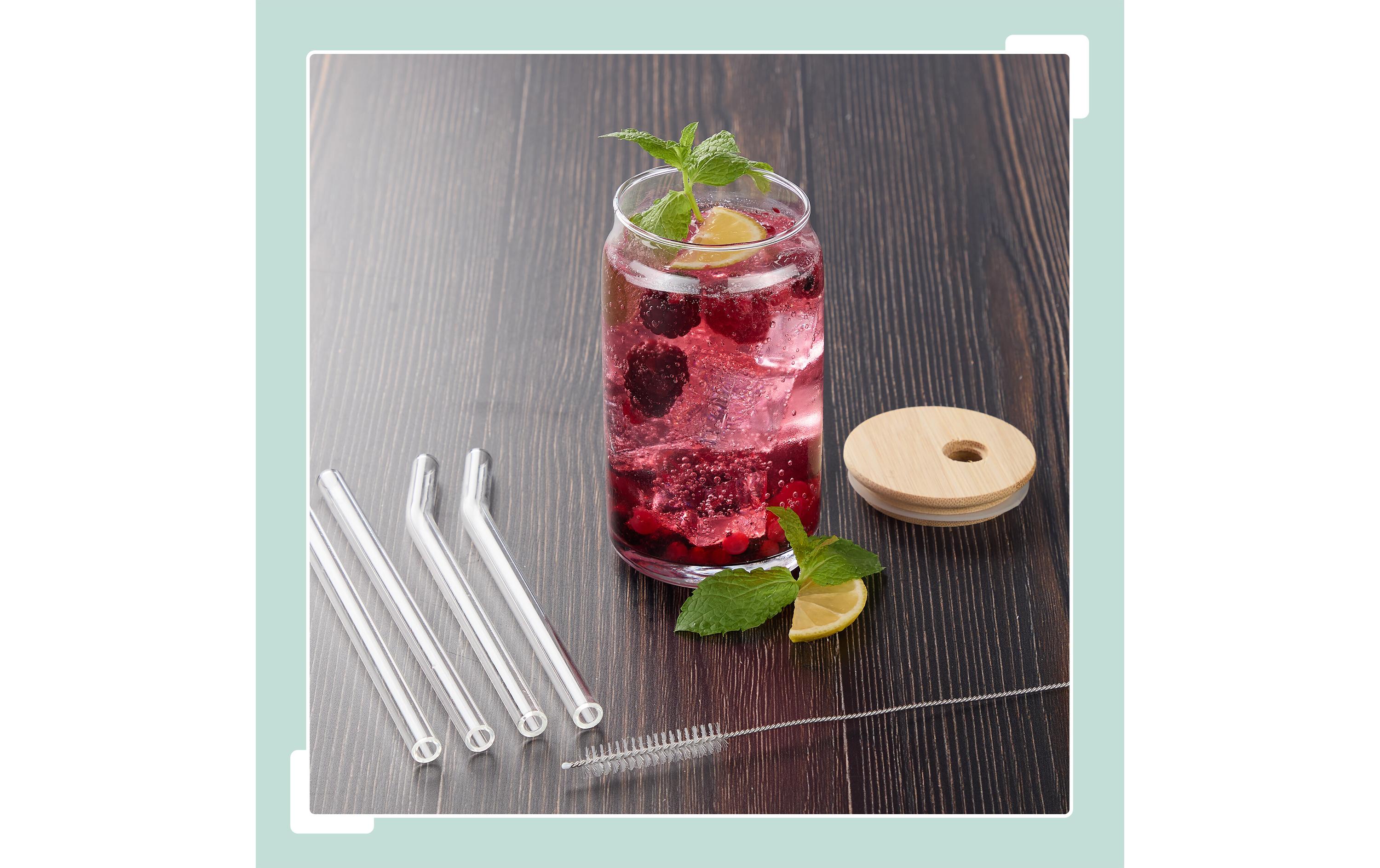 Trinkglas 4er Set, Transparent, Natur, 450 mlTrinkgläser mit Bambusdeckel
