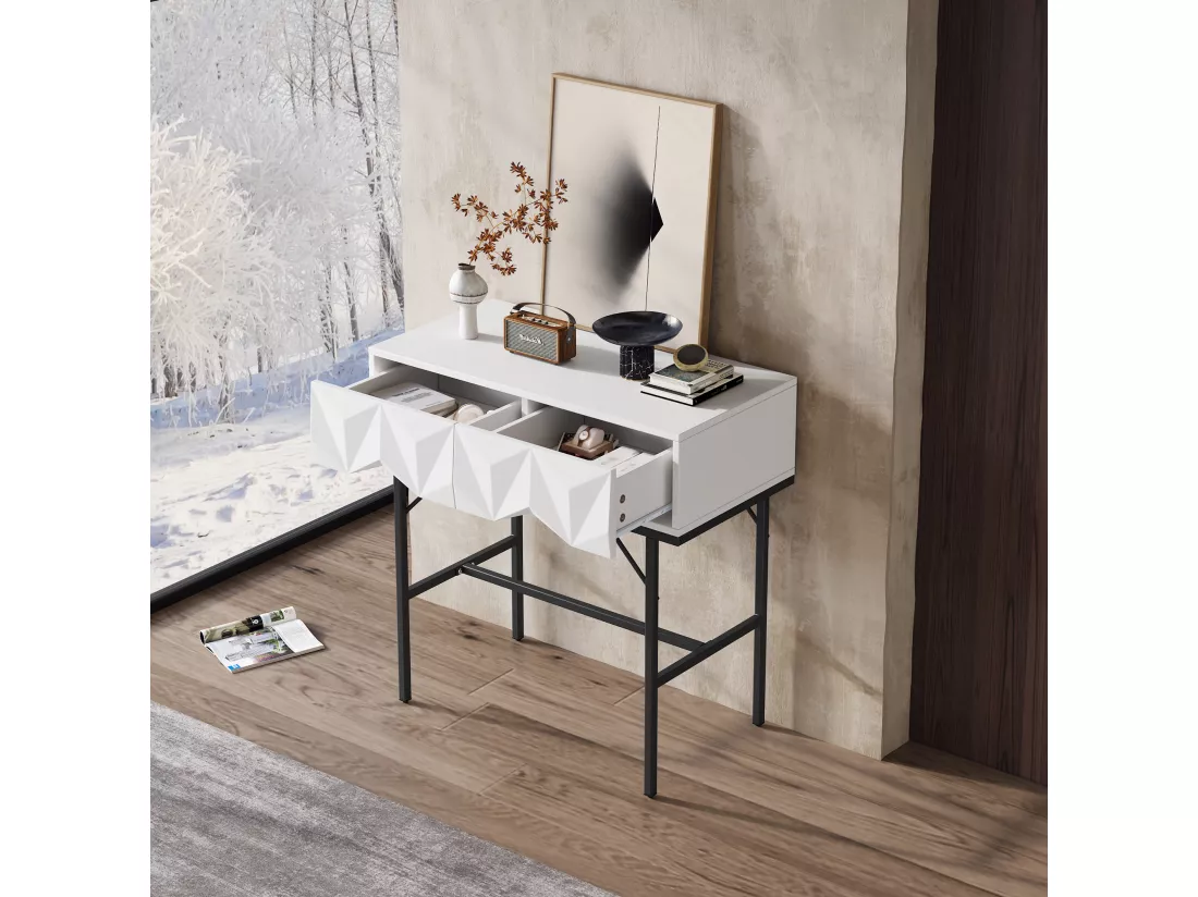 Table console moderne avec 2 tiroirs - 80 x 40 x 80 cm - MDF - pour salon, couloir - blanc + noir