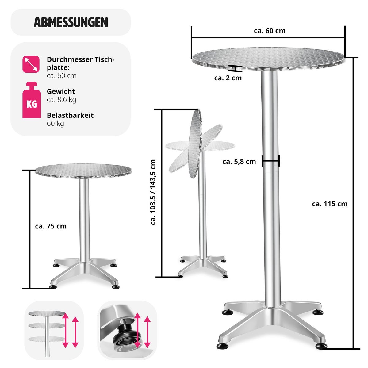 Aluminium bistrotafel Ø60cm, opvouwbaar, in hoogte verstelbaar