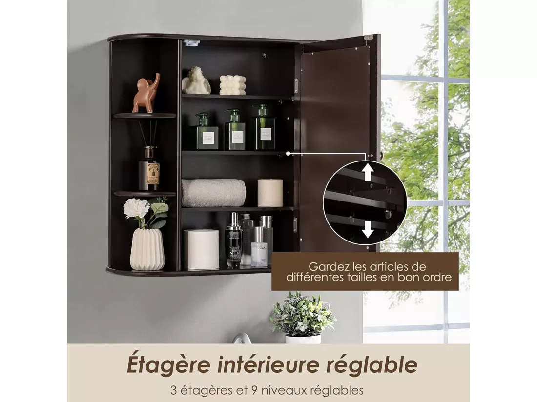 Armoire murale de salle de bains avec miroir avec etagères réglables et compartiments ouverts armoire à pharmacie