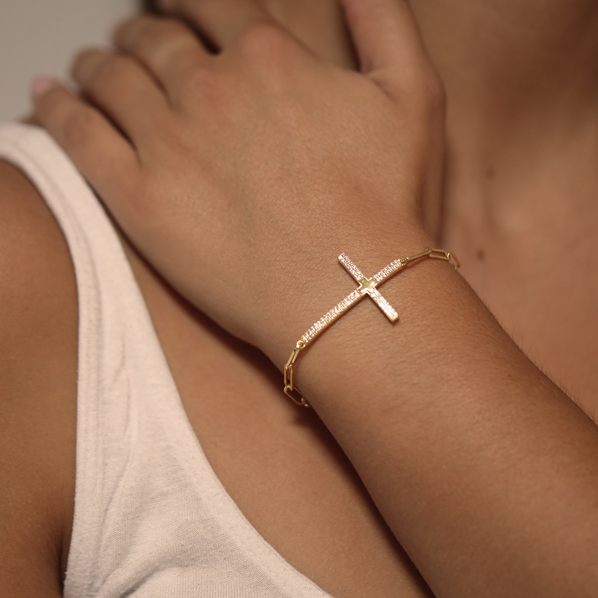 Bracelet Chaine Argent Croix Doré Serti De Pierre Blanche