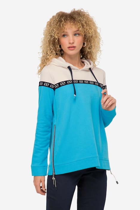 Hoodie, zweifarbig, Print-Tape, Kapuze, Langarm, Seitenzipper