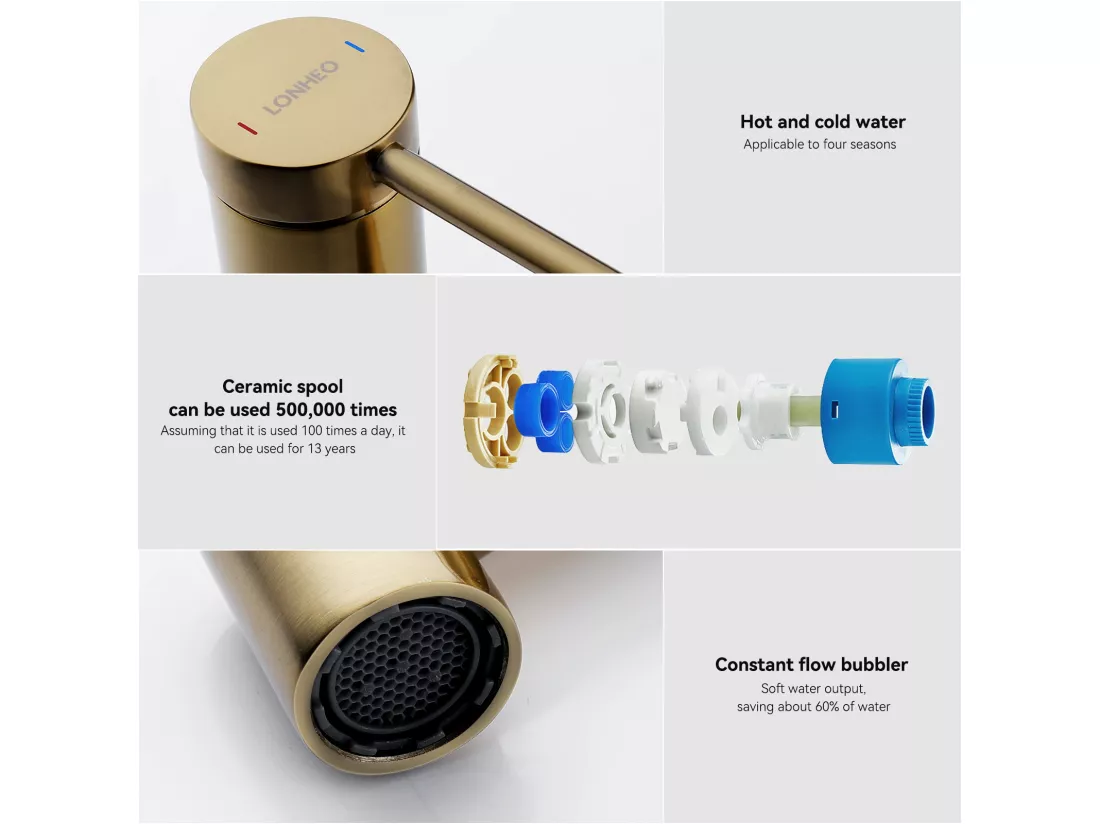 Mitigeur de Lavabo Doré Rotatif à 360° Robinet Lavabo Eau Chaude/Froide Robinet de Salle de Bain avec Barboteur Démotable, en Acier Inoxydable
