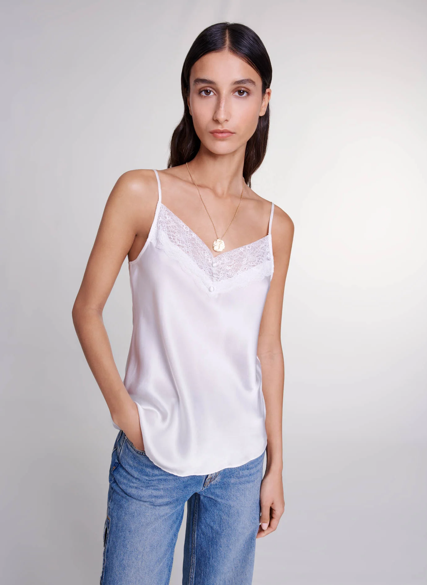 Caraco col V en soie| Blanc