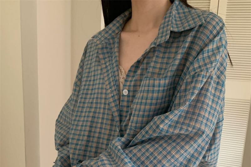 Porstina - Oversized geruit overhemd met lange mouwen en kraag
