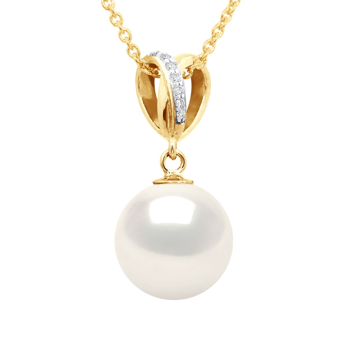 Pendentif DOUBLE NOEUD - Diamants 0,07 Cts - Véritable Perle de Culture d'Eau Douce Ronde 10-11 mm - Or Jaune