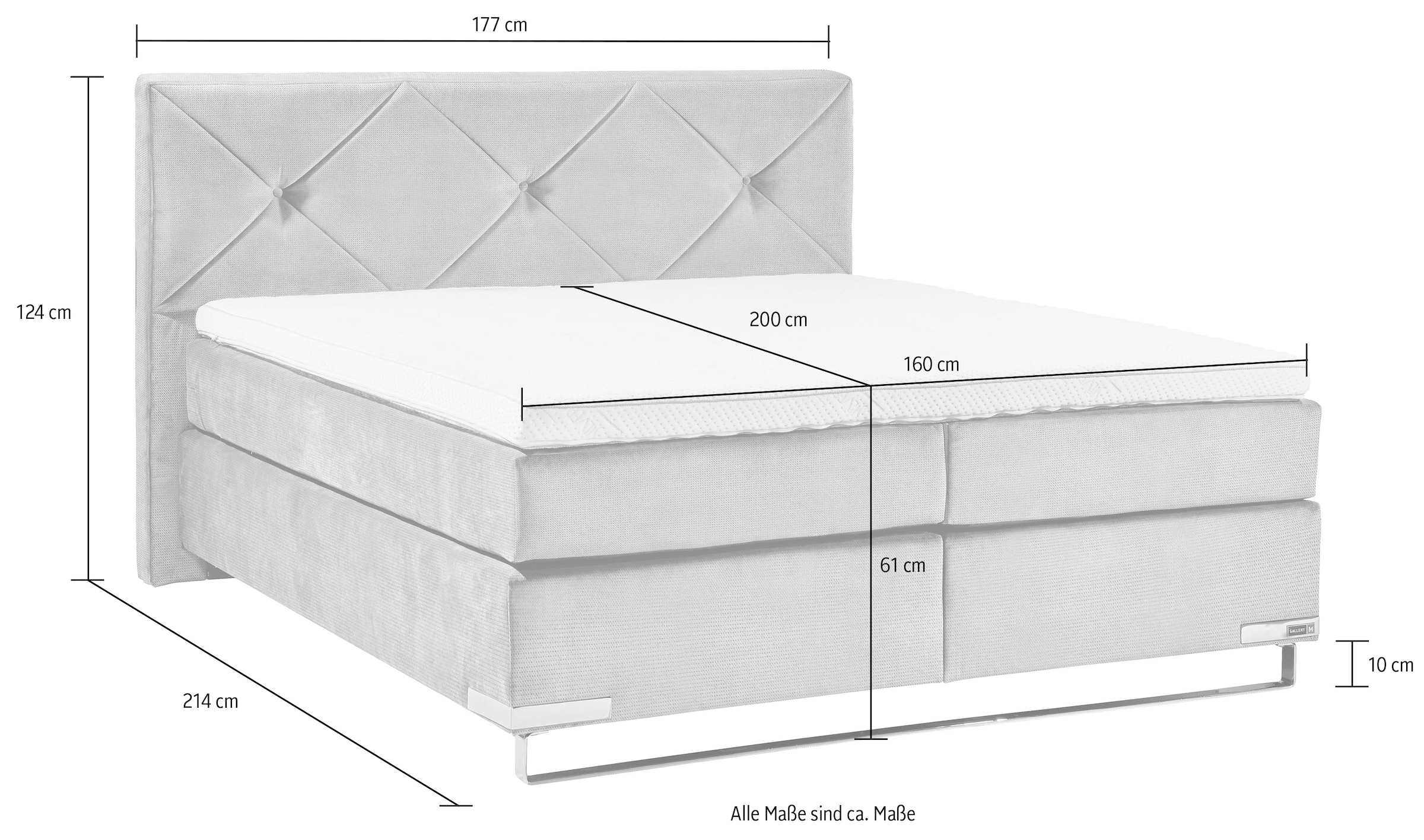 GALLERY M branded by Musterring Boxspringbett »Dubai« Kufe in Chrom, 3 Härtegrade, Kopfteil mit Knopfheftung