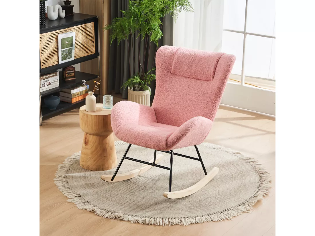 Chaise à Bascule En Tissu Teddy, Rose, Avec Accoudoirs Et Dossier Ergonomique