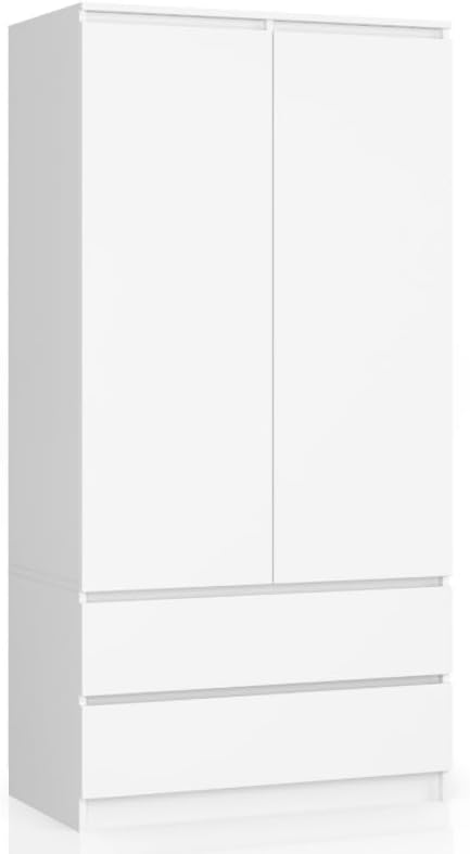 BDW Kleiderschränk 2 Türen, 4 Einlegeböden, Kleiderständer, 2 Schubladen, Garderobenständer, Schubladenschrank, Garderobenschrank für Schlafzimmer, Wohnräume, 180x90x51cm, (Weiß)