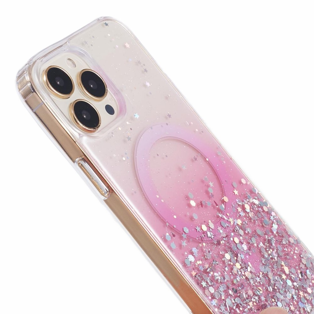 iPhone 14 Pro Max MagSafe Hülle mit Acryl Rückseite und Farbverlauf im Glitzer Design - Rosa
