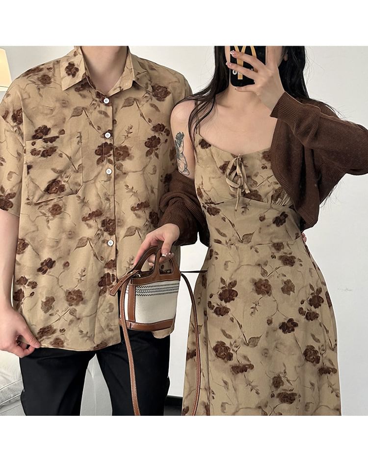Azure - Koppel bijpassende spaghettibandjes bloemenprint maxi A-lijn jurk / effen bolero / shirt met korte mouwen en kraag