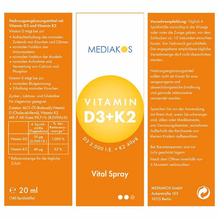 Vitamin D3 + K2 2000 I.E. 40 µg Mediakos Vital Spray, 20 ml