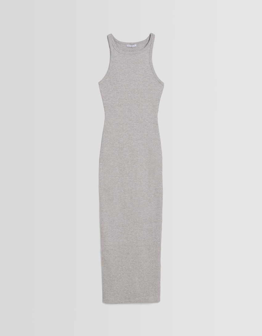 Vestido midi canelado sem mangas