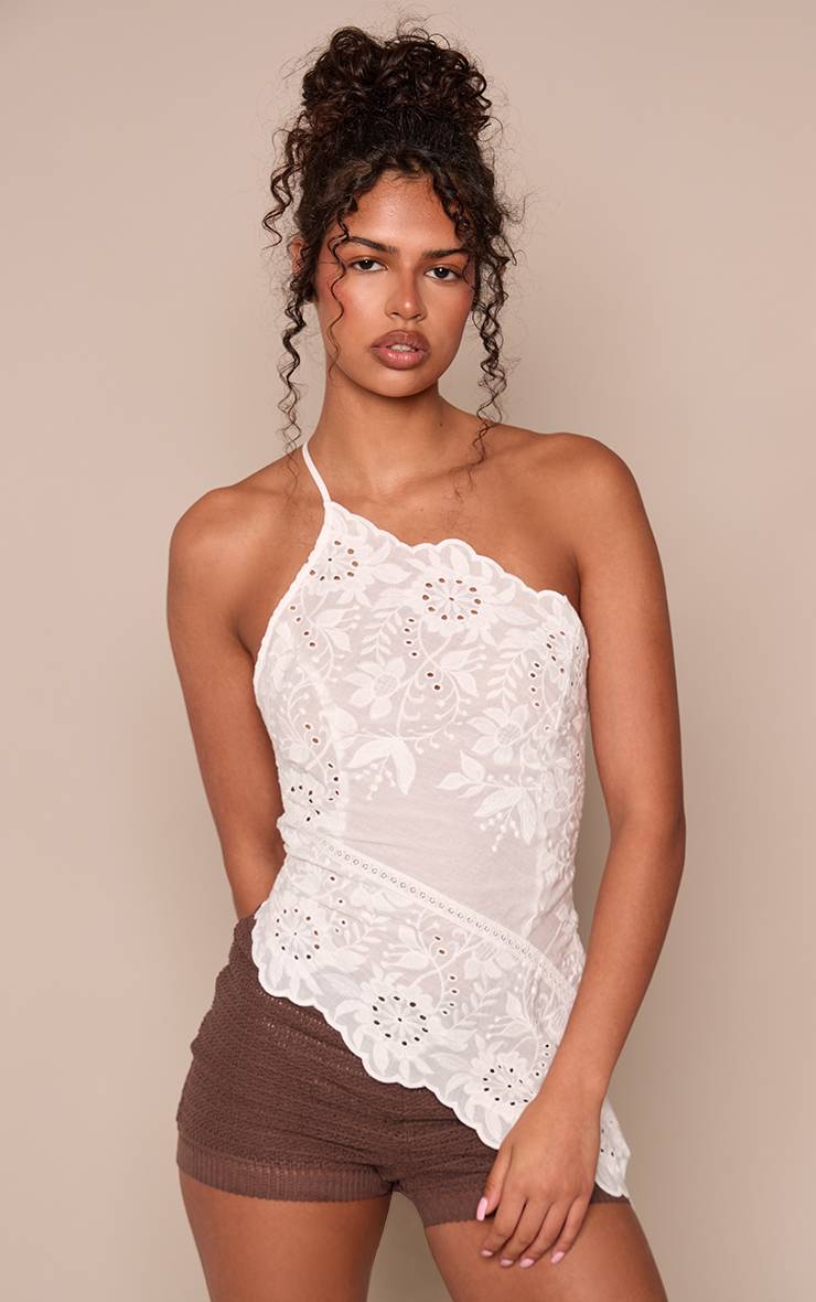 Crème Top Asymétrique À Bretelles En Coton Broderie Anglaise