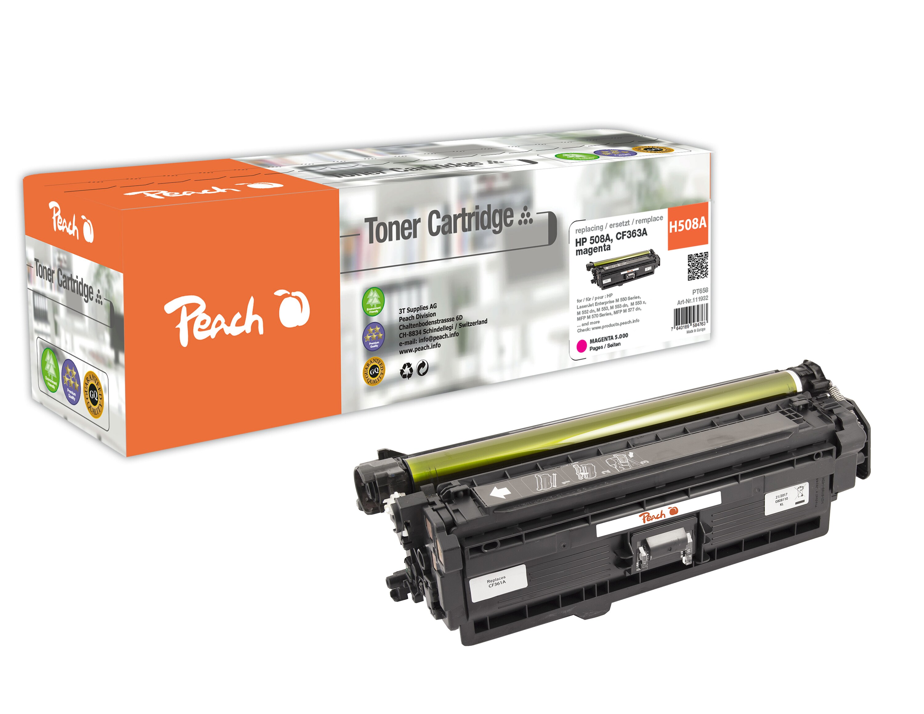 Peach HP 508 AM Toner ma ersetzt HP No. 508A M, CF363A für z.B. HP Color LaserJet Enterprise Flow MFP M 577 c, HP Color LaserJet Enterprise M 553 (wiederaufbereitet)