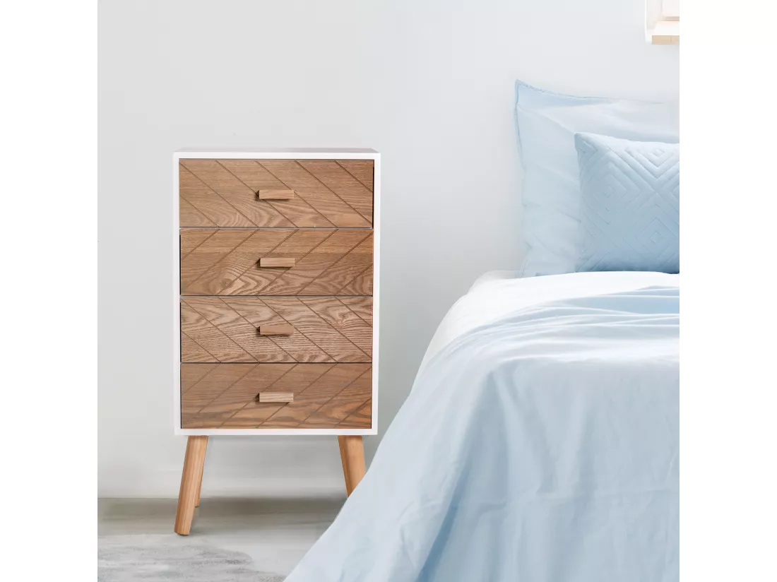 Meuble de rangement chiffonnier design scandinave 40L x 30l x 75H cm 4 tiroirs bois massif pin MDF blanc et hêtre motif graphique