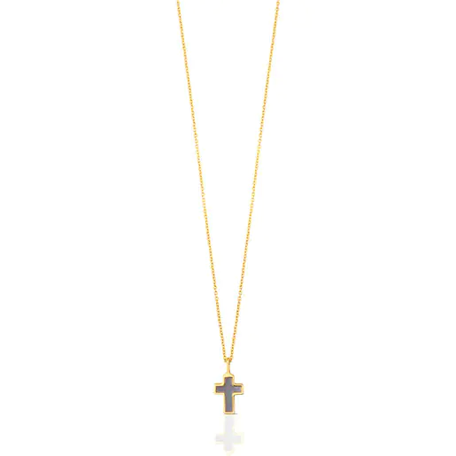 Colar com pingente de cruz em ouro e madrepérola, tamanho XXS.