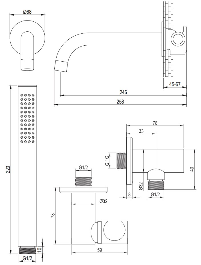 Brauer Gunmetal Edition thermostatische inbouw badkraan met uitloop en staafhanddouche set 3 gunmetal geborsteld PVD