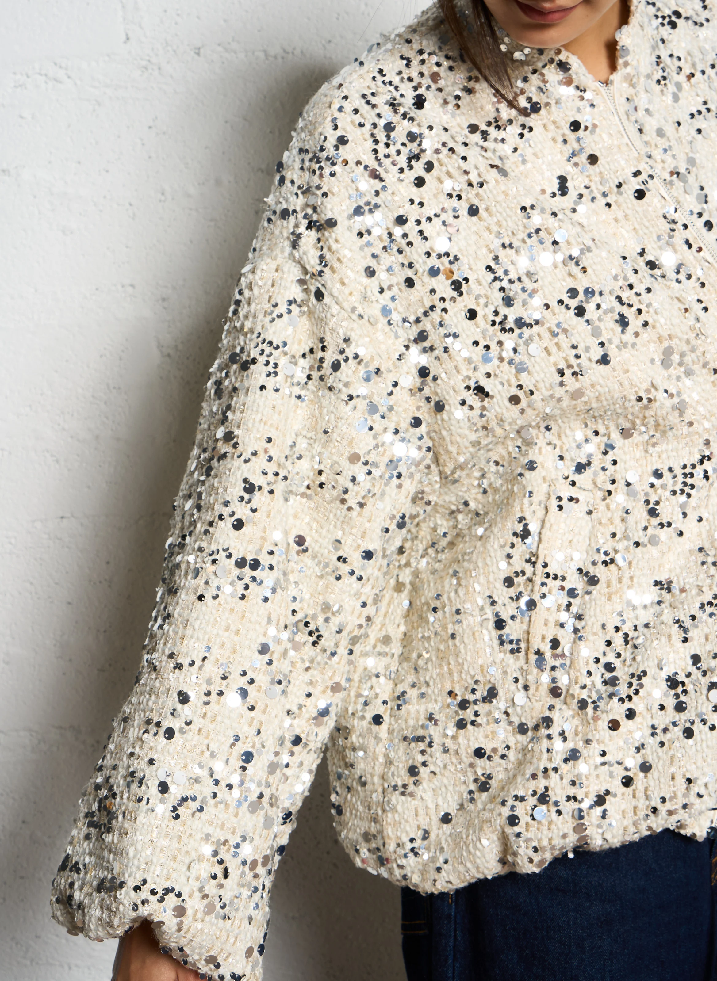Blouson col montant à sequins | Beige