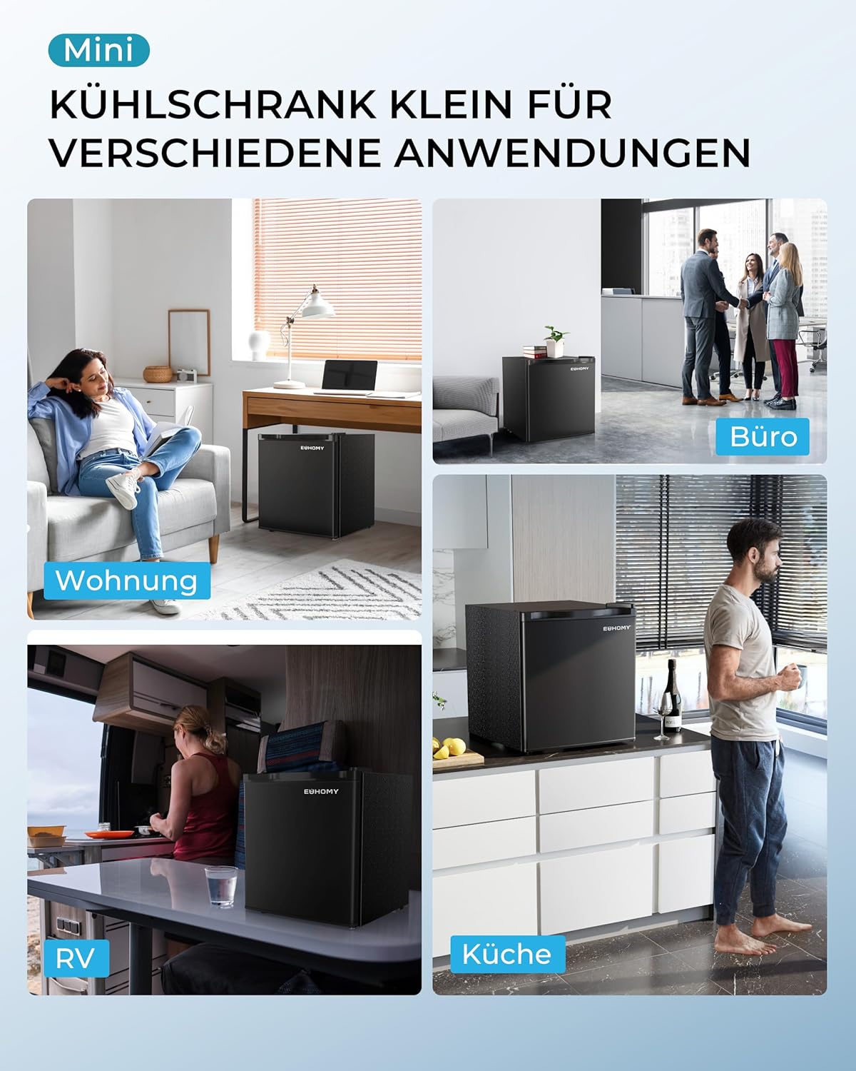 EUHOMY Mini Kühlschrank, 46L Kühlschrank klein, kleiner Kühlschrank mit umkehrbarer Tür, 7-Stufen Thermostat, 38dB Ultra-Leise, Energieeffizienter Kompaktkühlschrank für Schlafzimmer, Büro (Schwarz)