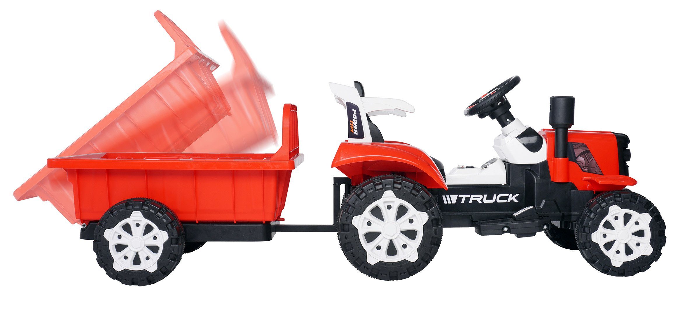 Trator elétrico infantil Actionbikes Motors com reboque, controle remoto incluso, capacidade de carga de 30 kg (2 partes), carga útil de 30 kg - freio automático - 2 motores de 6 V - a partir de 3 anos
