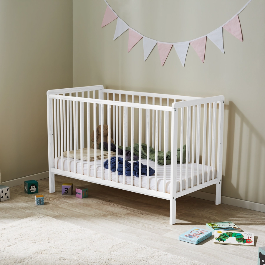 Kids Collective Babybett Gitterbett 60x120 höhenverstellbar & herausnehmbare Sprossen weiß mit Matratze