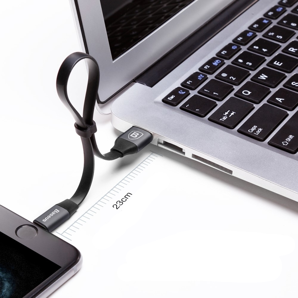 (23cm) 2A Lightning USB Flachband Mini Ladekabel - Schwarz