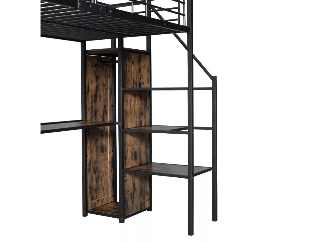Lit mezzanine 90x200cm en métal - avec bureau、armoire et échelle de rangement - Noir