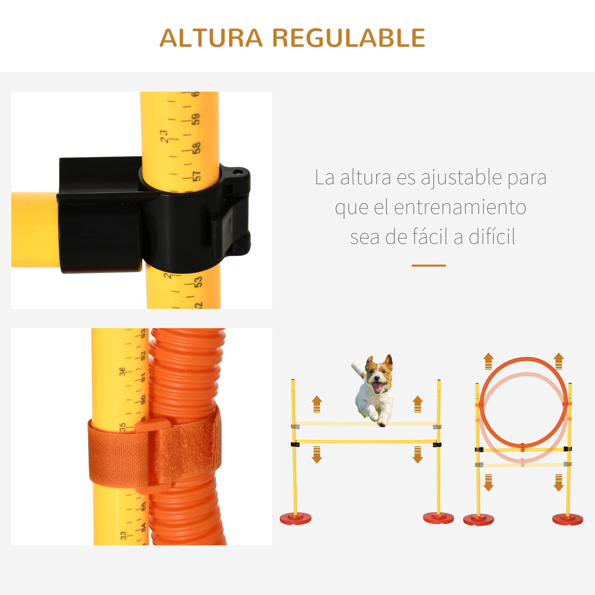 Conjunto de 3 peças de equipamentos para treinamento de agilidade canina PawHut com obstáculos de salto, arco e barreira com altura ajustável e bolsa de transporte (amarelo)