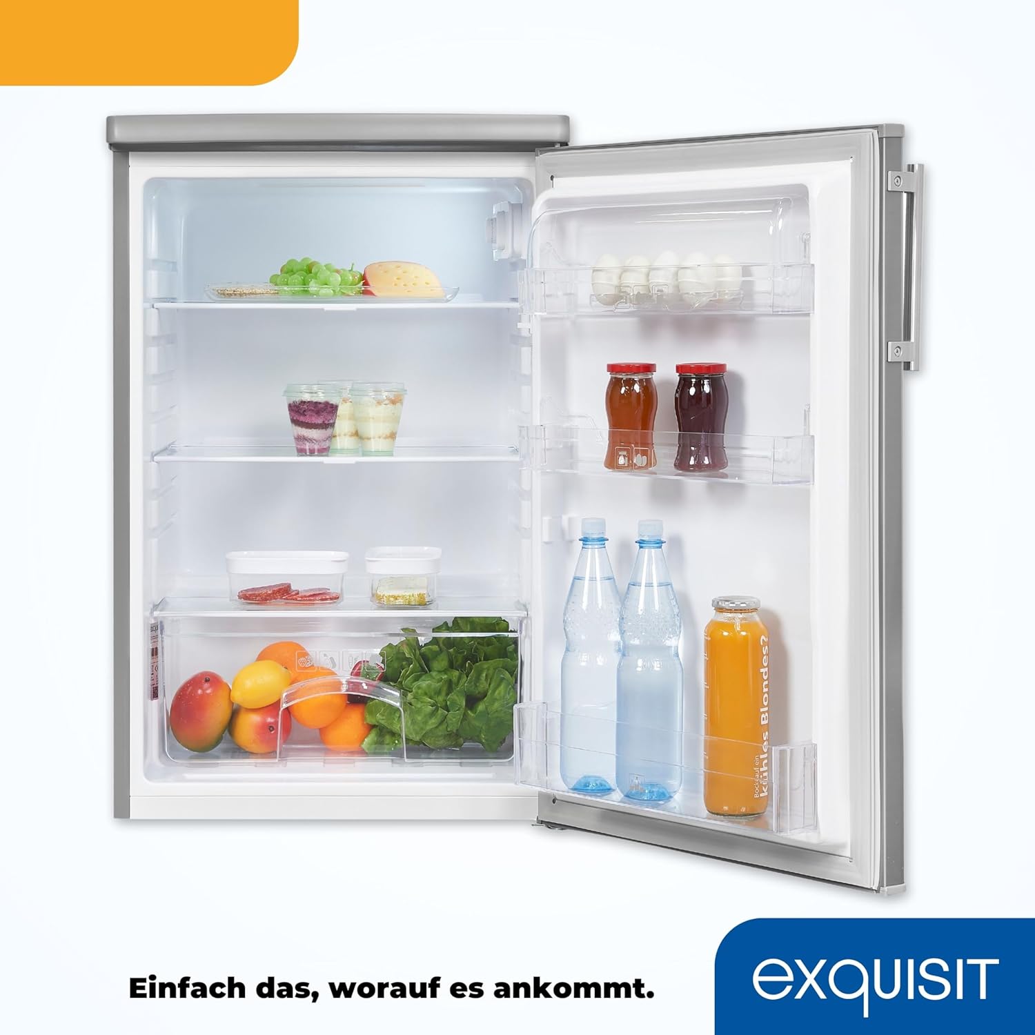 Exquisit Kühlschrank KS16-V-H-040E inoxlook | Standgerät | 127 l Volumen | Inoxlook | Glasablagen und Gemüsefach | Beleuchtung | Türablagen | Türanschlag wechselbar