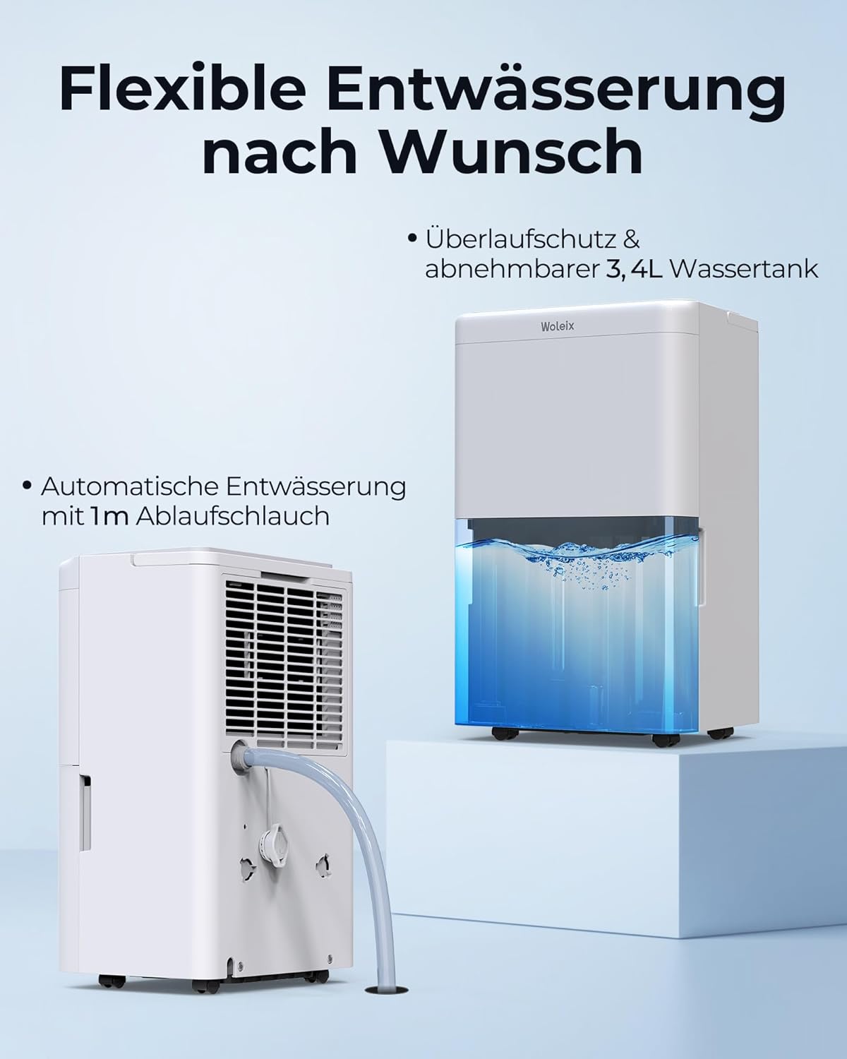 Luftentfeuchter elektrisch 20L, Entfeuchter elektrisch für Keller, Raumentfeuchter elektrisch 39dB für Räume bis zu 150m³/50m², mit 1M Ablaufschlauch und Timer, Filter, 10 J. Gar.