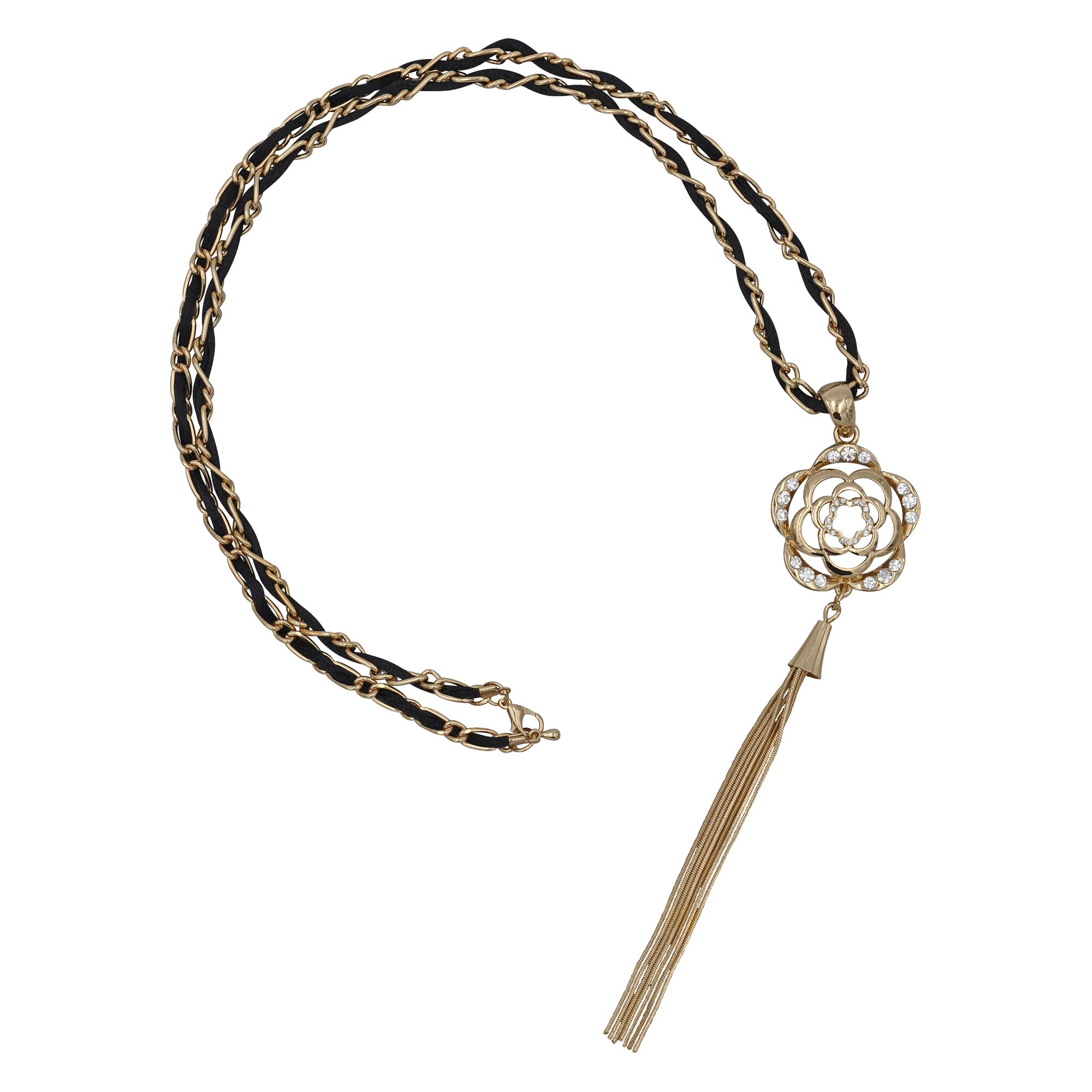 Steuer Modeschmuck Anhänger mit Kette Metall Kette goldf. Mit schwarzem Textilband und Blütenanh.