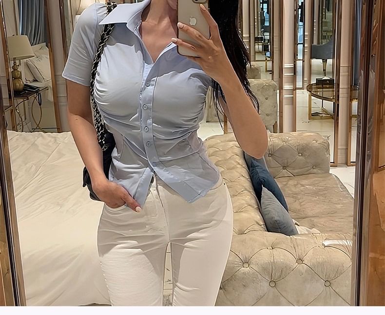 Ohnana - Effen cropped shirt met korte mouwen