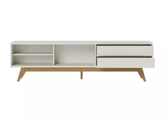 Meuble TV 75 Pouces Blanc Pieds Bois 1 Porte 2 Tiroirs 3 Niches L 200 H 55.2 P 37.7 cm