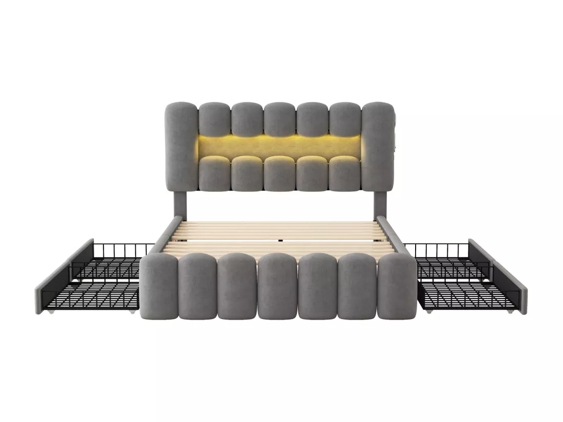 Lit rembourré en velours - 160x200cm - 4 tiroirs + LED + Ports de recharge + Lecteur - Gris