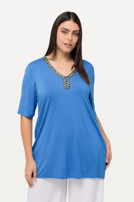 T-Shirt, Perlen, A-Linie, Tunika-Ausschnitt, Halbarm
