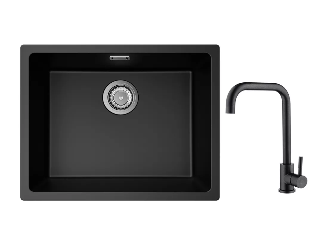 Evier 1 Bac en Quartz et Résine, 3 Options de Montage, 55*44*20cm + Mitigeur de Cuisine en Inox Noir étoilé avec Bec Haut et Incurvé