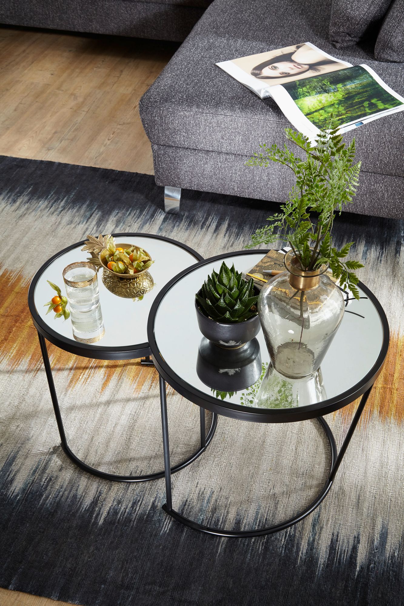 FineBuy Couchtisch 2tlg Rund Schwarz Spiegel Glas Wohnzimmertisch Beistelltisch