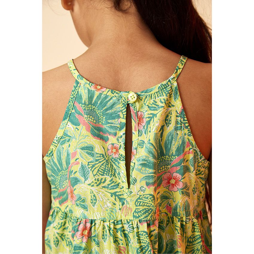 Robe à fines bretelles imprimé exotique pour fille - Vert