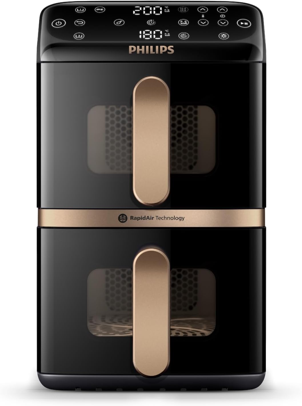 Airfryer 4000 Series Stacked Dual Basket, Gestapelte Heißluftfritteuse mit 2 Körben, 10L, RapidAir Technologie, 45% weniger Platzbedarf, PFAS-freie Keramikbeschichtung, Sichtfenster (NA462/70)